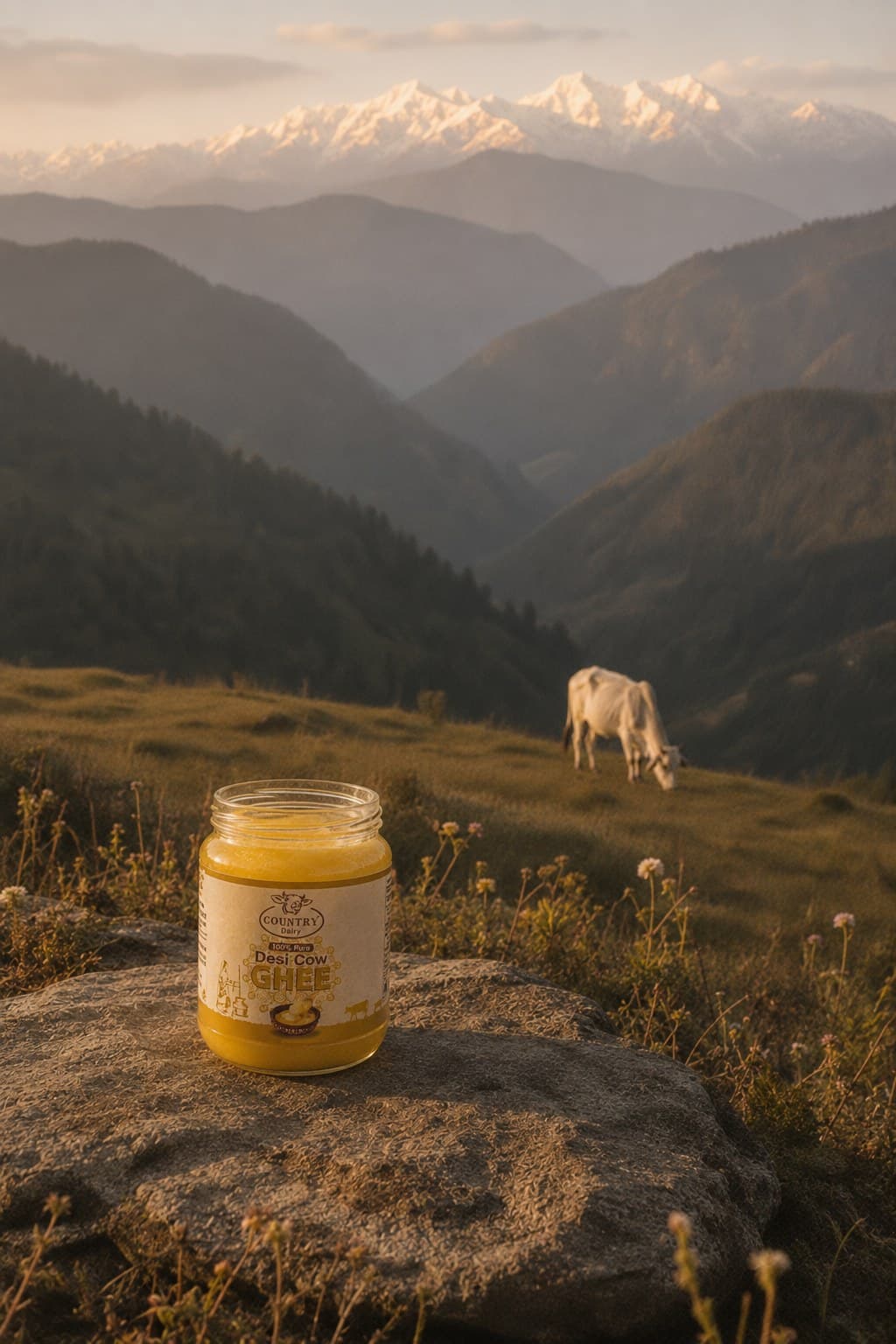 A jar of Country Dairy ghee on a rock, a cow grazing the pasture beyond, snow peaks along the horizon