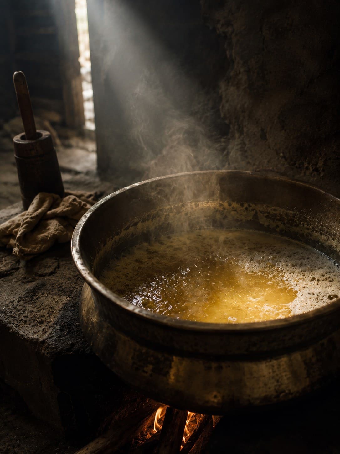 Warm ghee poured from a spoon beside brass vessels and lit lamps