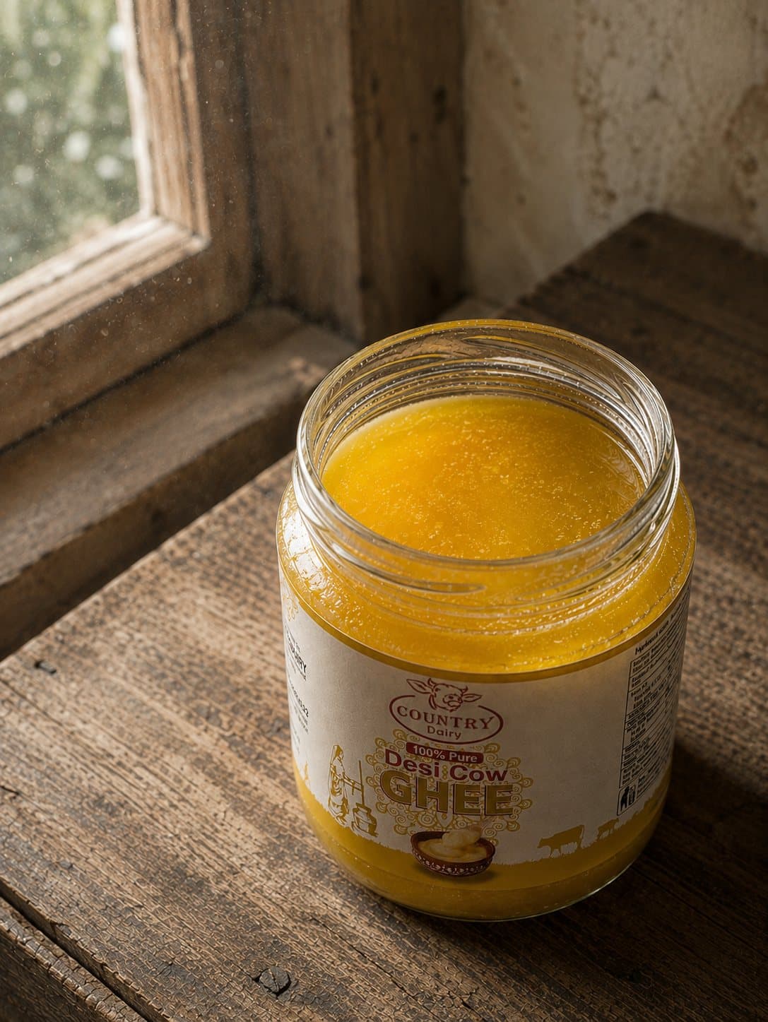A spoonful of set ghee lifted from an open jar