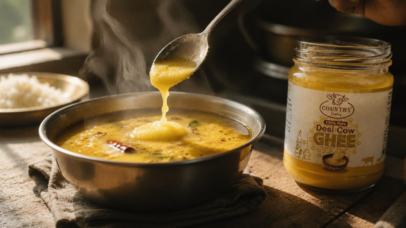 Ghee poured from a spoon into a bowl of steaming dal beside a jar of Country Dairy ghee