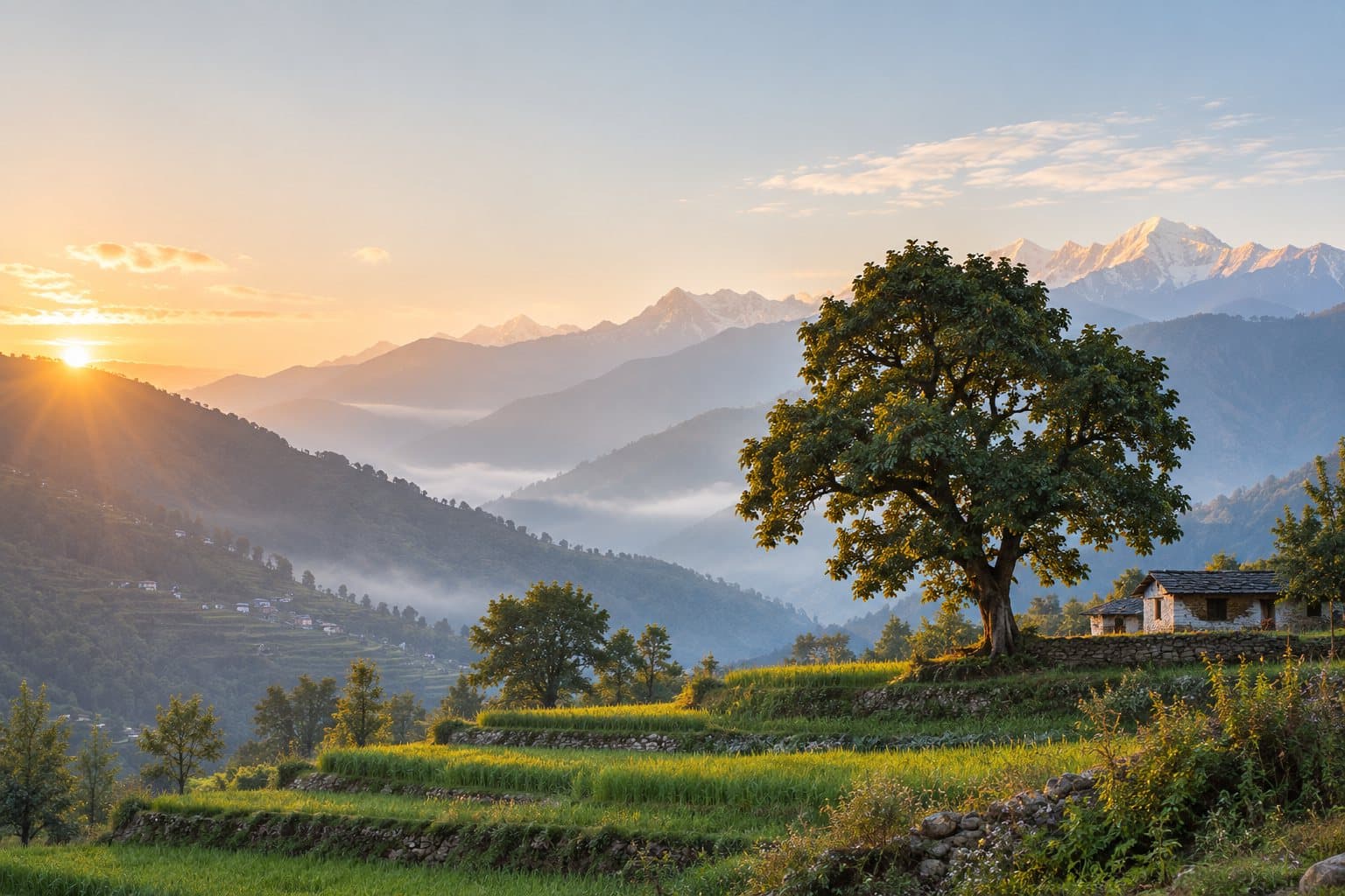Terraced fields and a stone house below snow peaks at sunrise